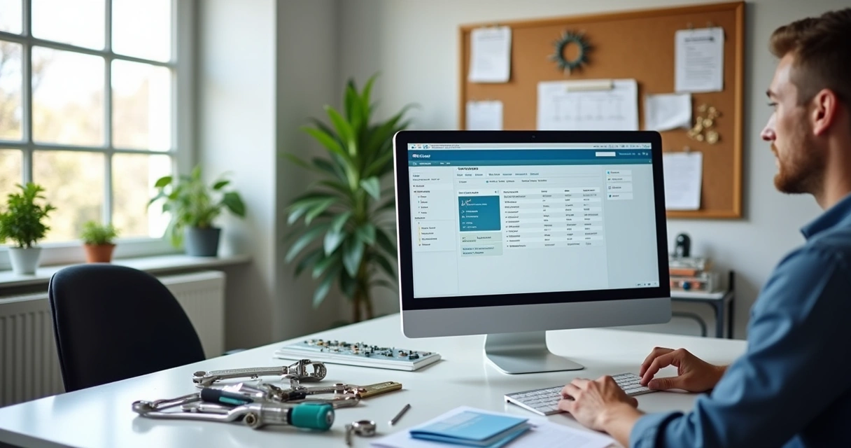 Escritório de um técnico com computador e ferramentas organizadas, ambiente claro e produtivo.
