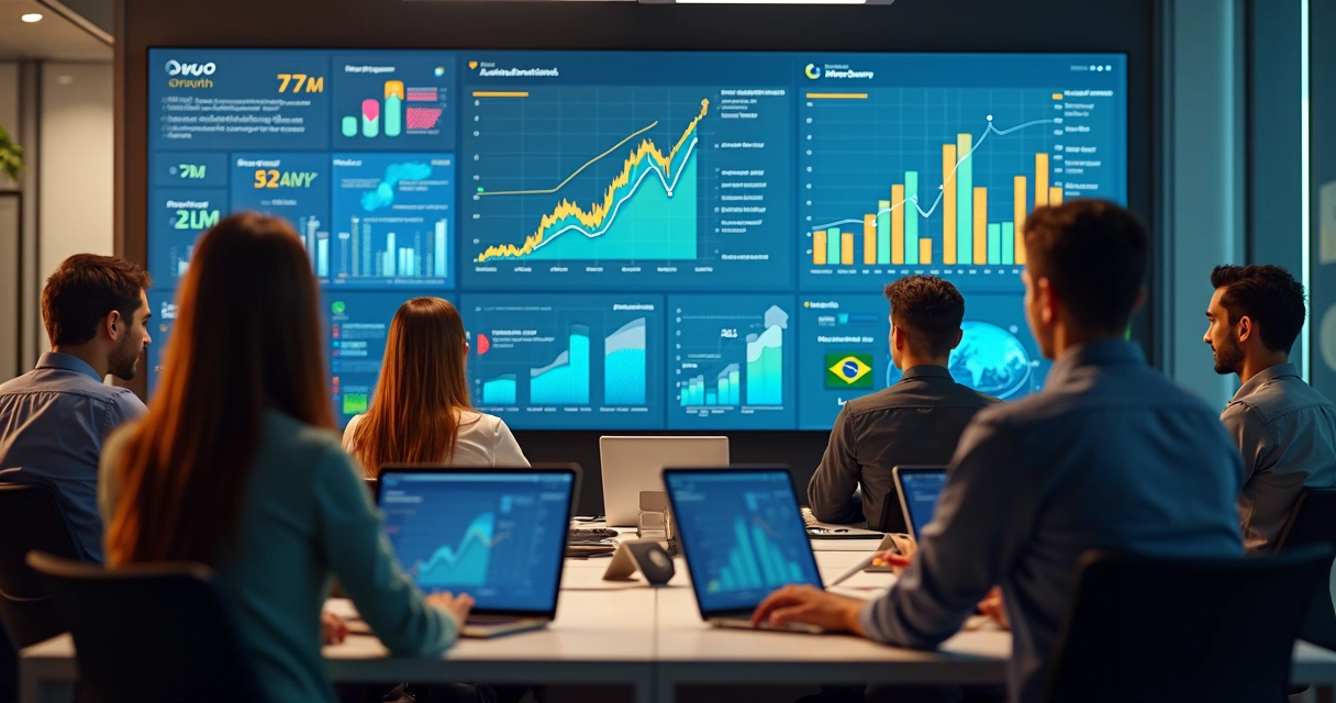 Ambiente de escritório moderno com telas exibindo gráficos de crescimento e profissionais de tecnologia reunidos discutindo estratégias digitais