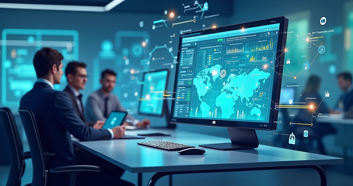 Ilustração de um espaço de trabalho moderno com tecnologia Manus IA e uma equipe profissional discutindo.