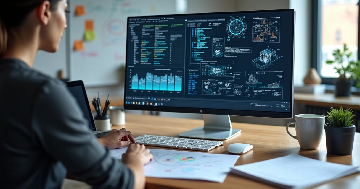 Mesa de escritório com computador e documentos digitais