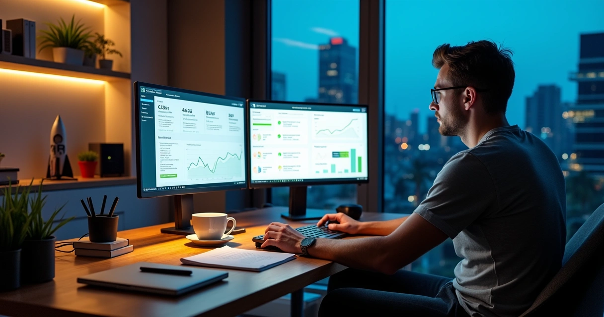 Empreendedor em escritório moderno analisando painel de sites WordPress em monitores grandes 