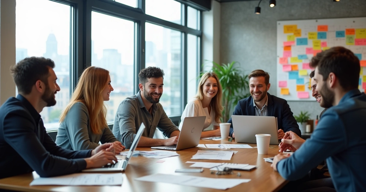 Equipe de tecnologia discutindo soluções em uma sala de reuniões moderna 