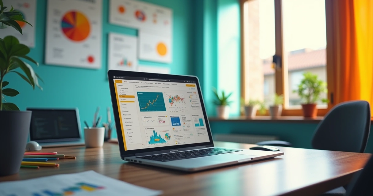 Ambiente de escritório moderno com laptop aberto mostrando template, anotações e gráficos coloridos.