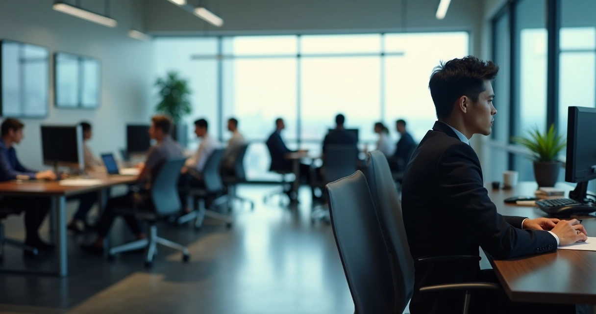 Profissional em mesa de escritório com expressão de isolamento
