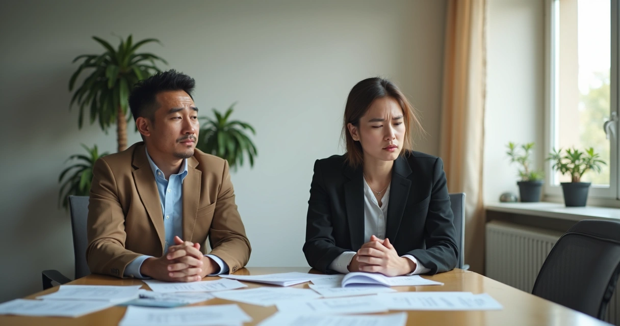 Dois colegas de trabalho sentados em uma sala de reunião com expressões tensas 