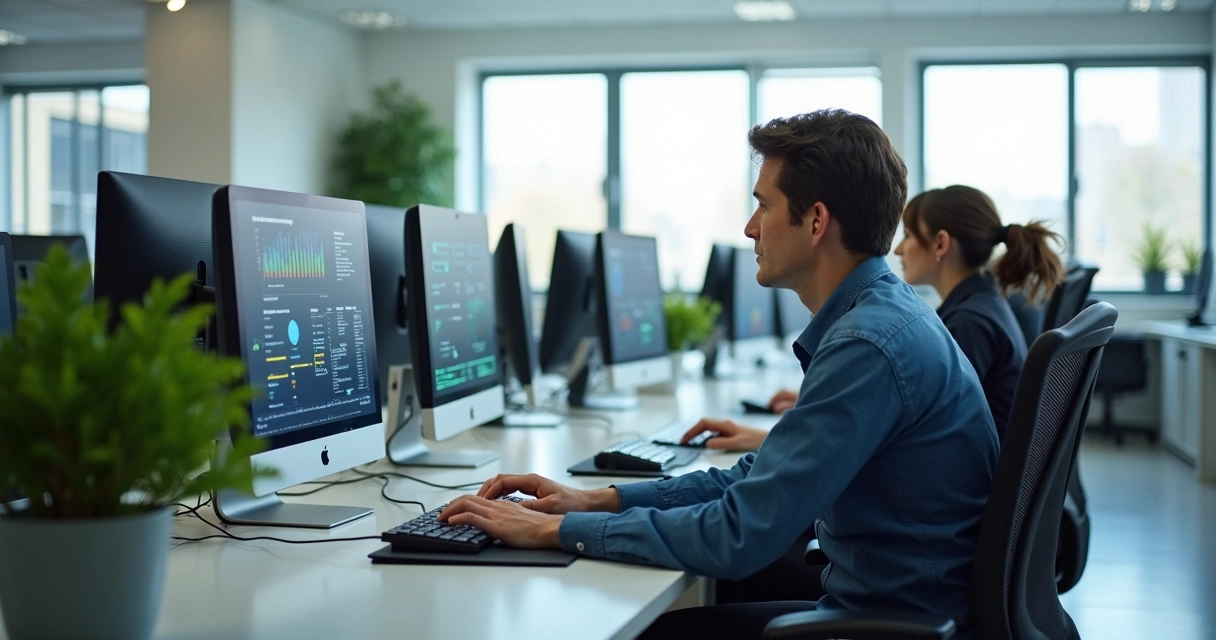 Funcionários de TI trabalhando em escritório moderno com equipamentos de informática atualizados e centralizados 