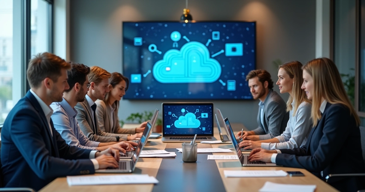 Equipe de colaboradores de escritório discutindo tecnologia juntos em ambiente de trabalho moderno. 