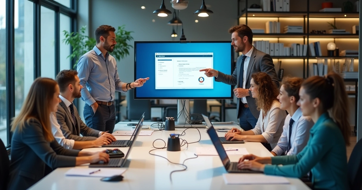 Equipe de escritório contábil reunida em sala moderna com computadores conectados, trocando ideias com especialista de TI presente 