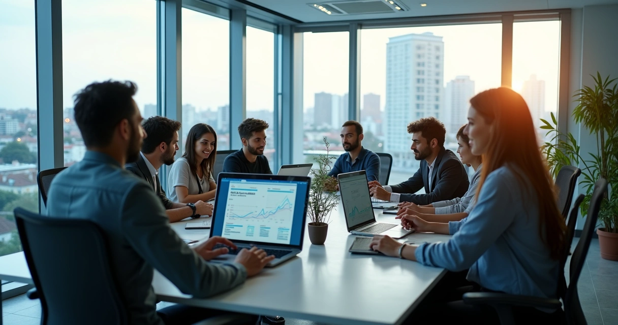 Equipe reunida em escritório, discutindo soluções de tecnologia