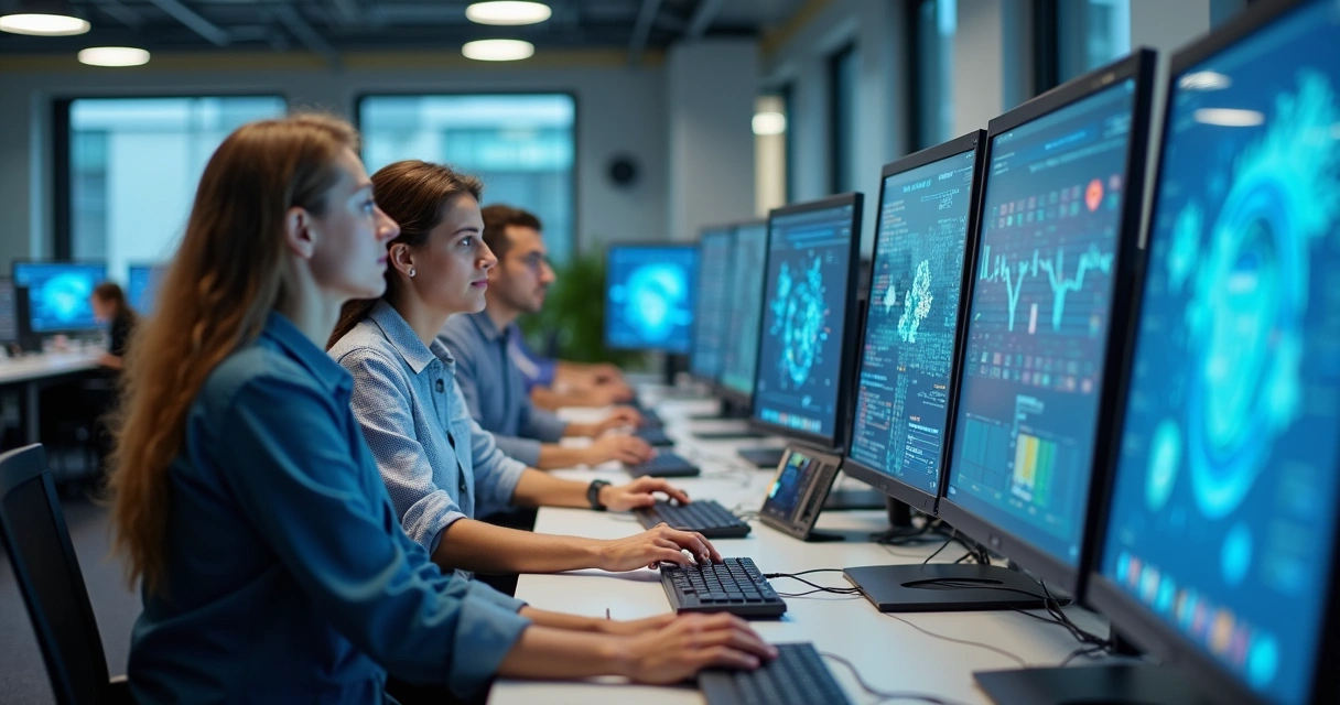 Equipe de TI terceirizada trabalhando em um escritório moderno 