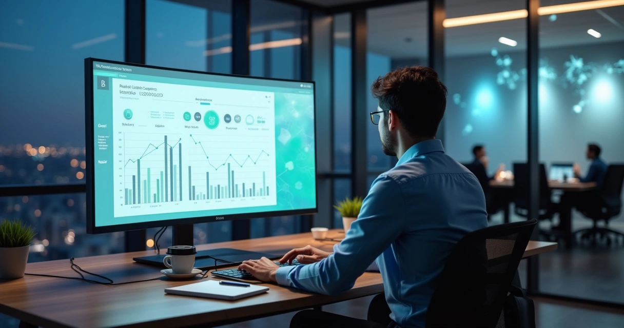 Gestor analisando economia em telefonia com painel de nuvem e gráficos 