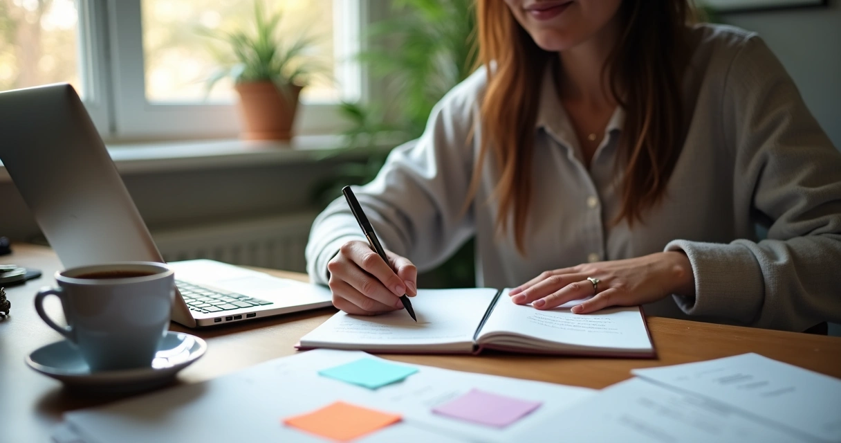 Persona sentada frente a escritorio con papeles y laptop realizando autoevaluación laboral
