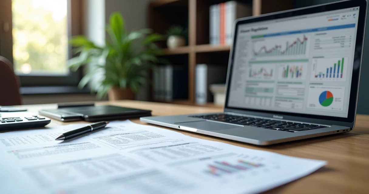 Mesa de trabalho com laptop, documentos fiscais e calculadora mostrando atualização de normas fiscais para empresas em 2026 