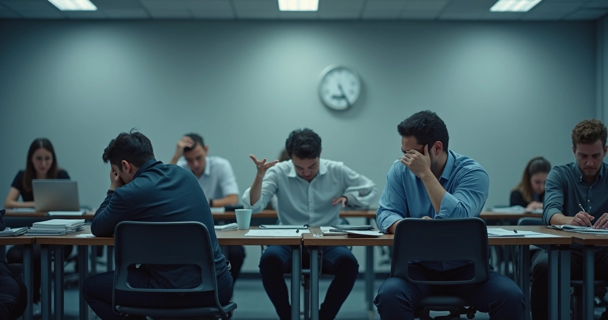 Ambiente de escritório com profissionais mostrando sinais de pressão e sobrecarga.