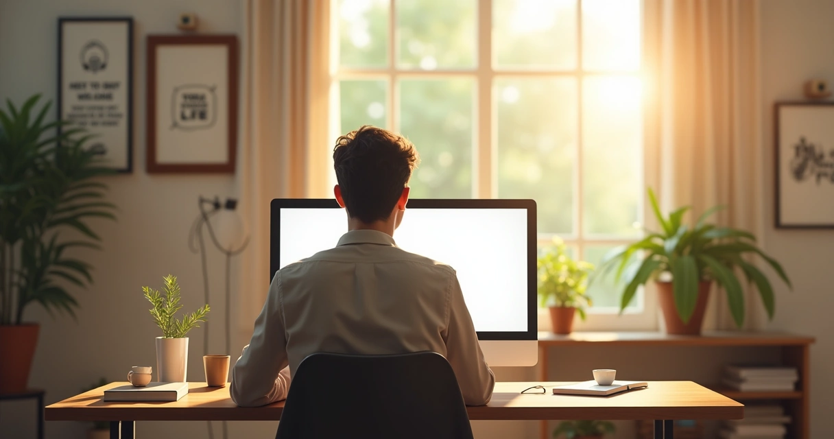 Pessoa refletindo sobre o propósito em frente ao computador