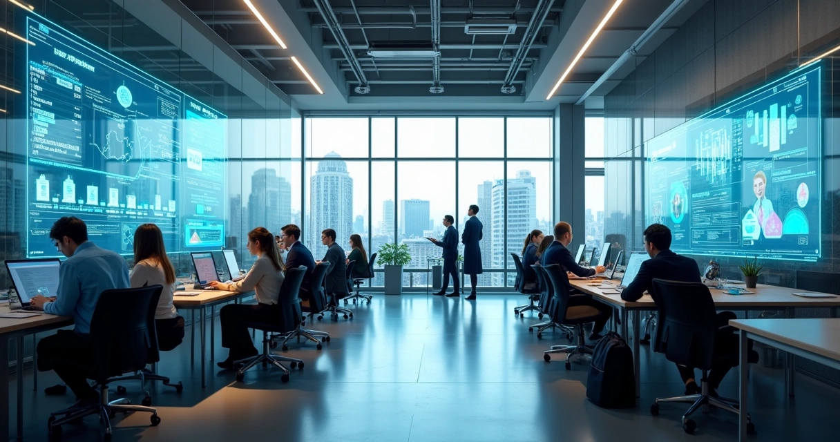 Ambiente de escritório moderno com painéis digitais e fluxo de trabalho automatizado 