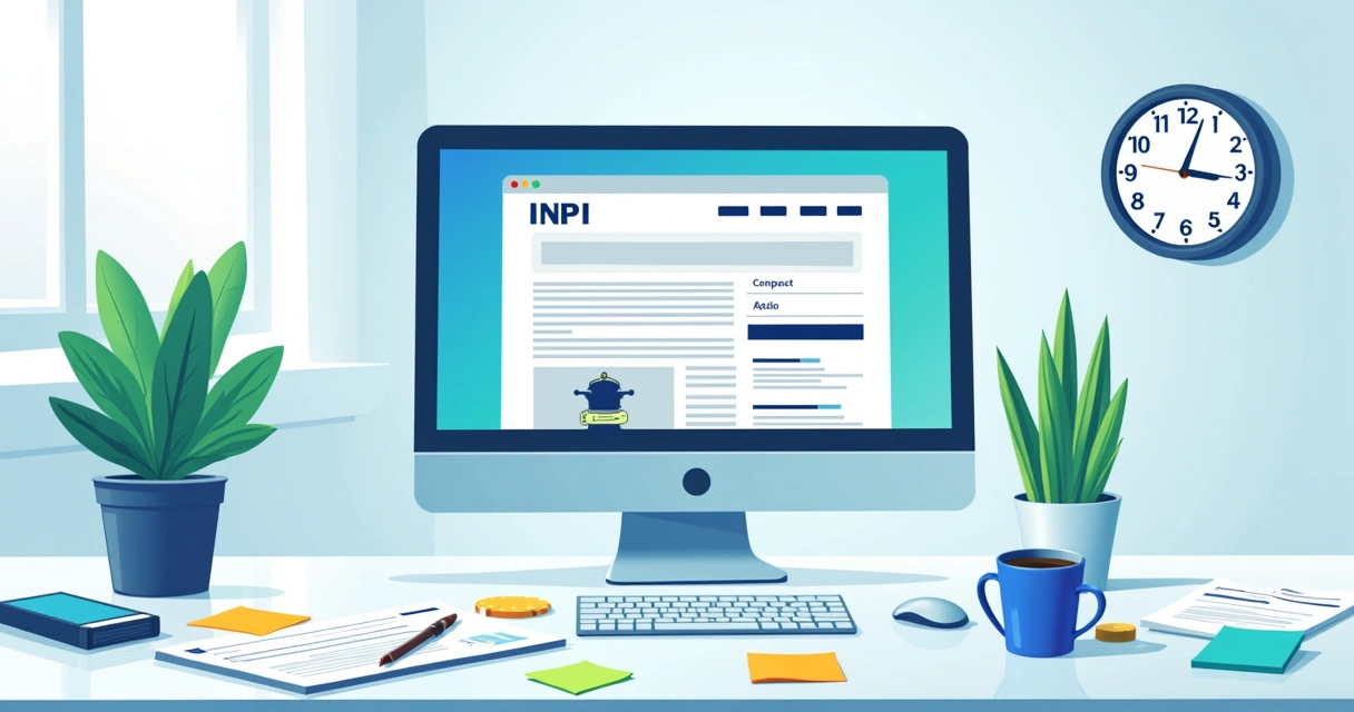 Ilustração de um escritório moderno com computador mostrando site do INPI e documentos legais ao redor.