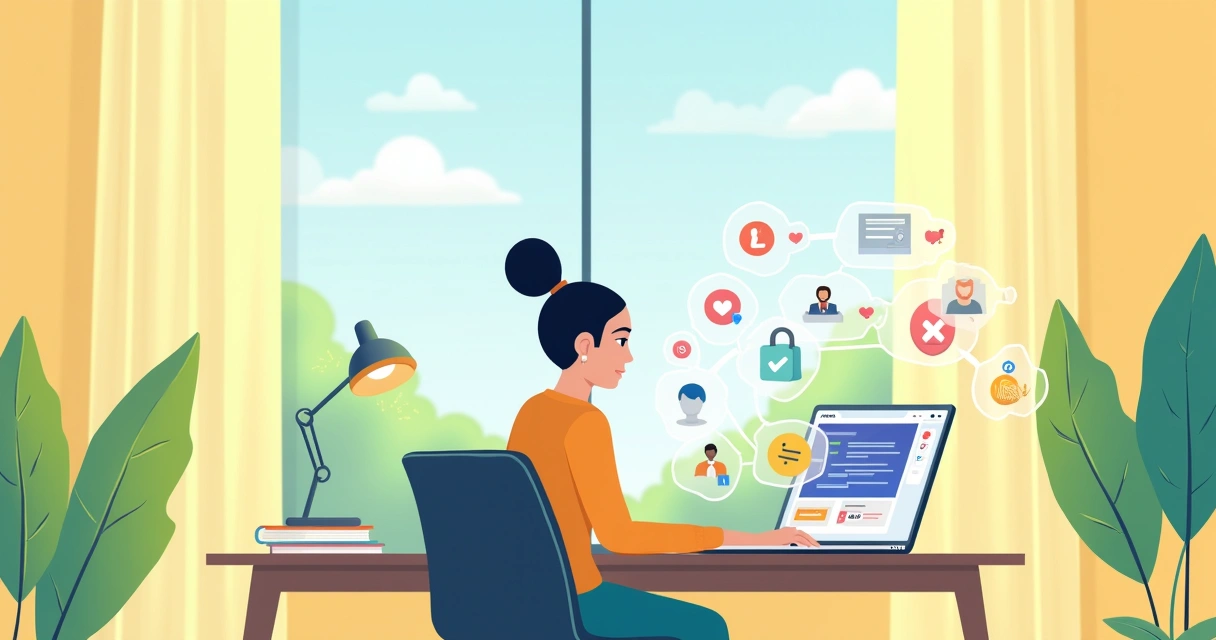 A workspace with a person using a laptop displaying app features for vibe coding, surrounded by creative icons.