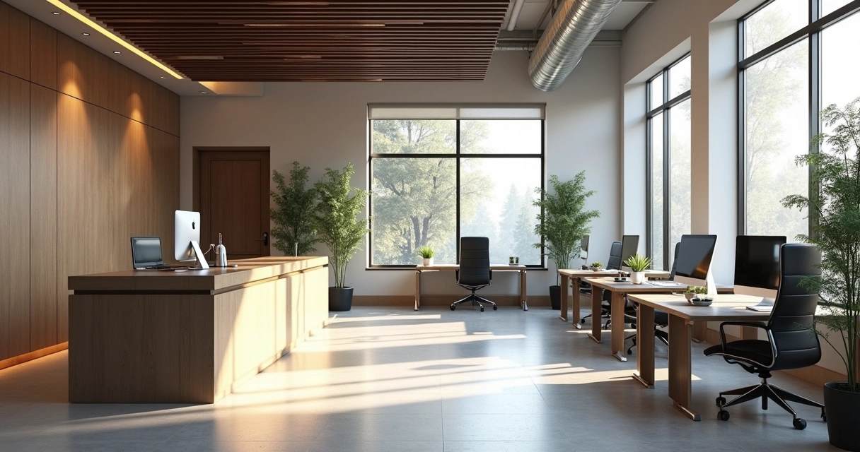 Sala de coworking moderna, com mesas individuais e computadores 