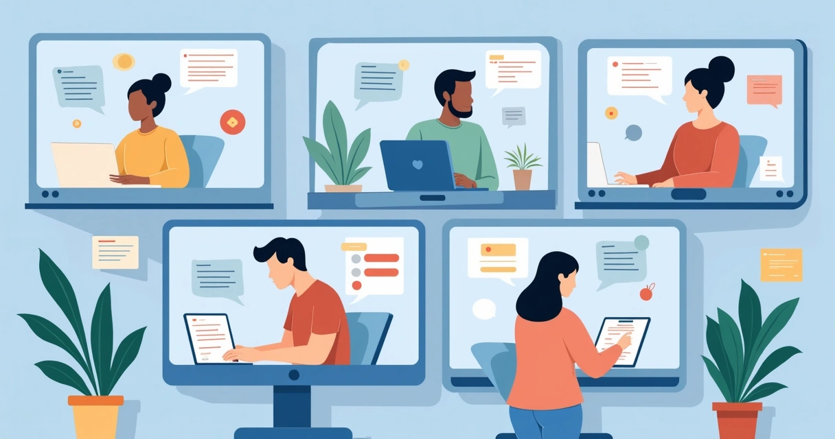 Representação visual de um escritório virtual com diversos contadores em telas interagindo 