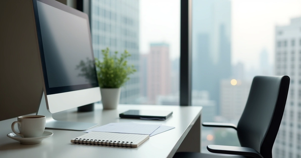 Mesa de escritório virtual com computador 