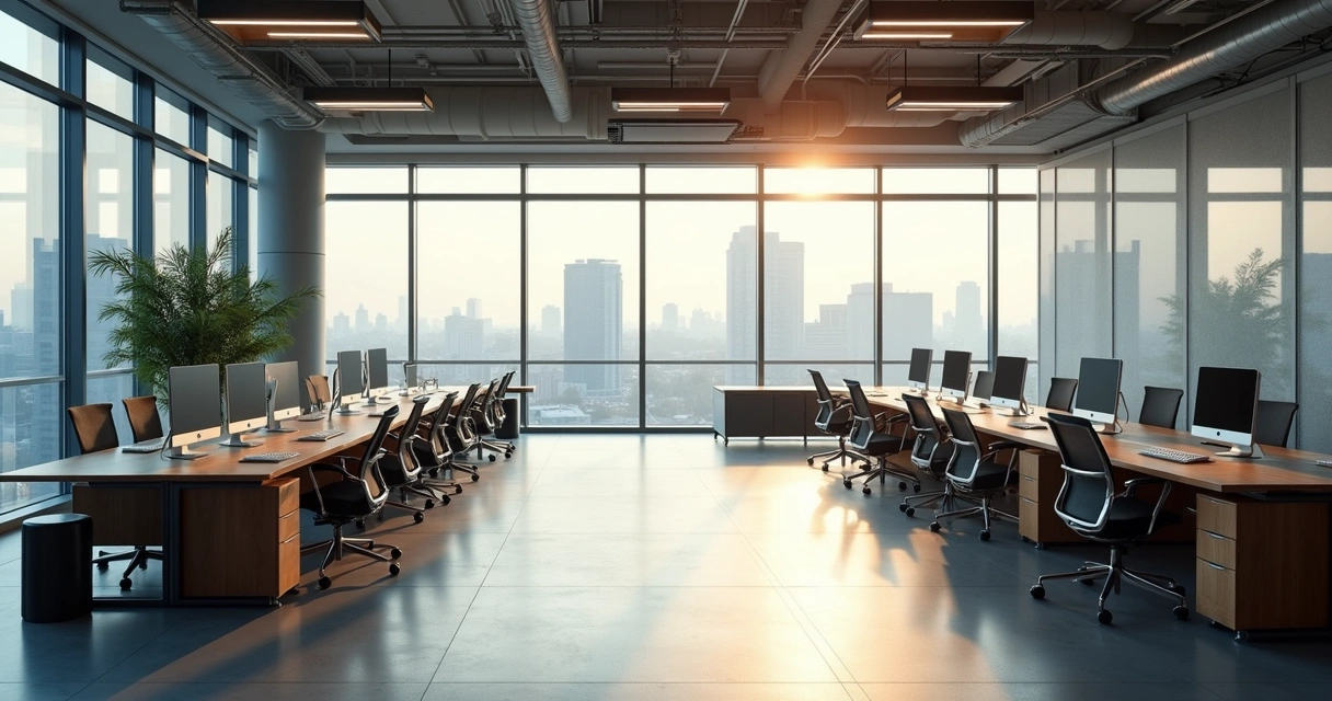 Sede fiscal: como escolher e usar para sua empresa 1 Espaço moderno de escritório virtual com estações de trabalho vazias, iluminação natural e móveis de design inovador, ambiente corporativo e clean
