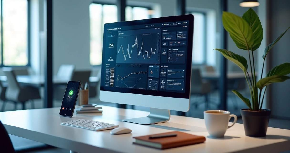 Espaço de escritório virtual moderno com computador, telefone, agenda e sala de reunião ao fundo 