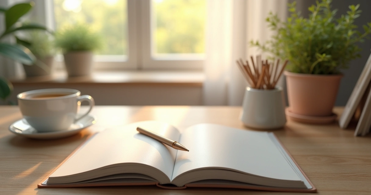 Cuaderno de notas y taza de té en escritorio iluminado 