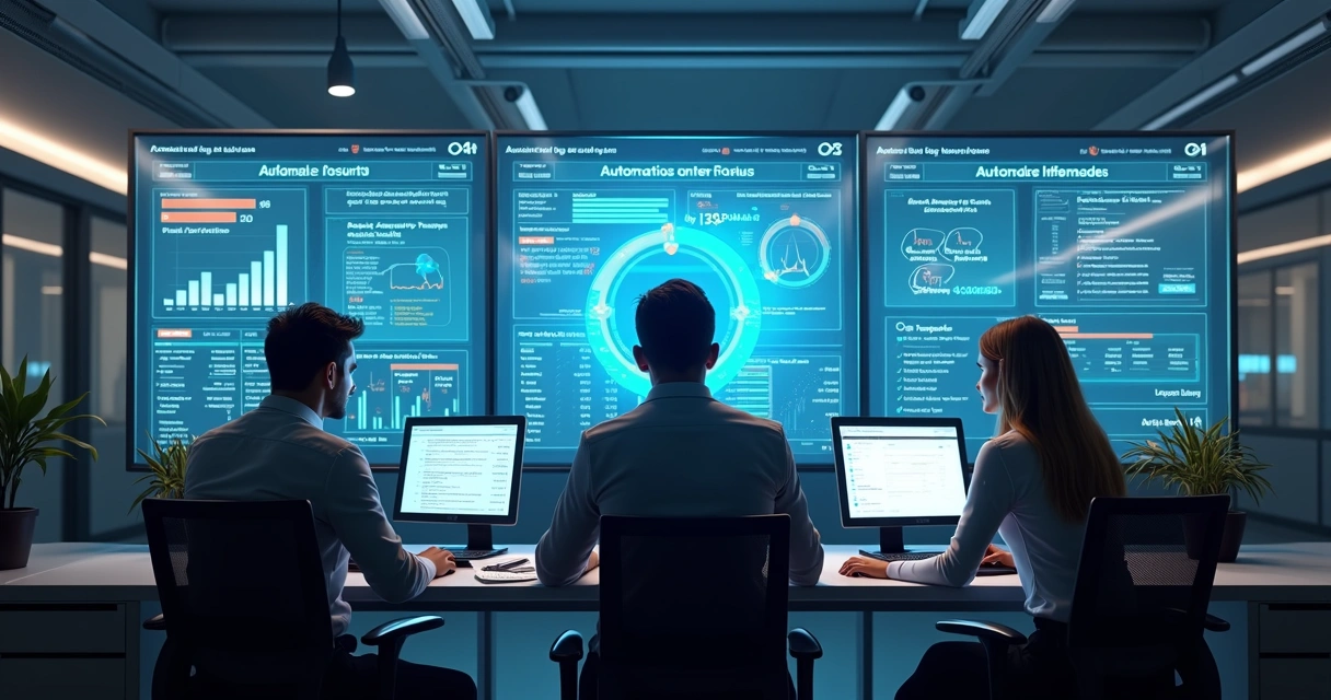 Profissionais de escritório contábil usando computadores e monitorando automação em tempo real 