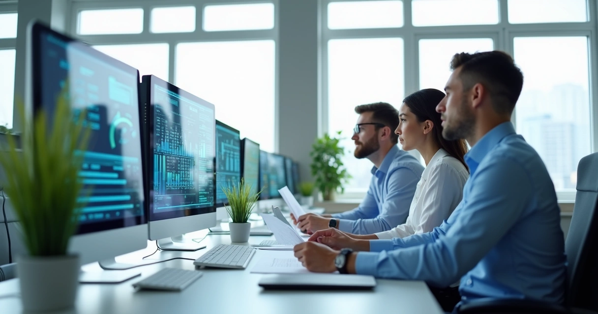Equipe de escritório contábil em ambiente moderno digitalizando documentos 