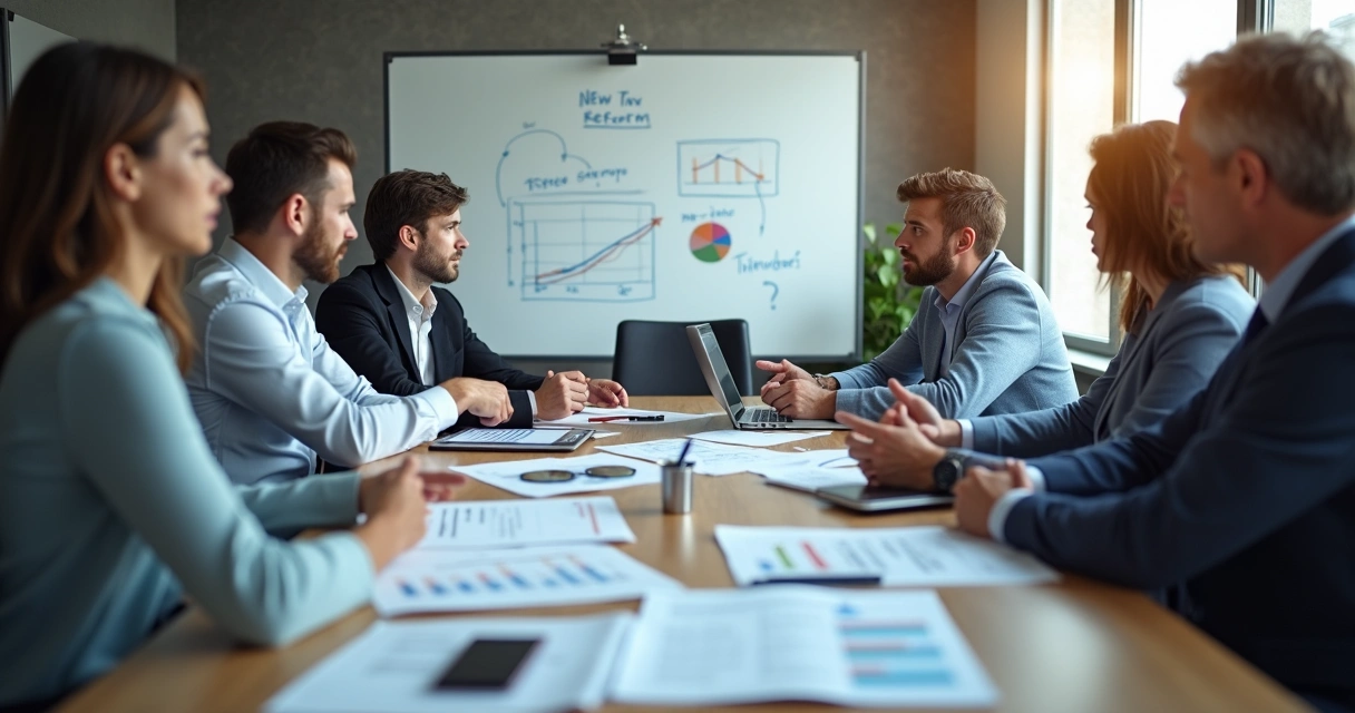 Contadores em reunião discutindo documentos de reforma tributária 