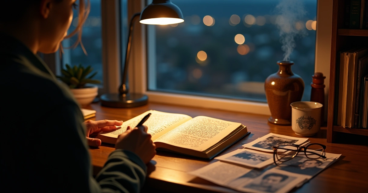 Persona escribiendo su autobiografía en un cuaderno sobre una mesa iluminada por lámpara 