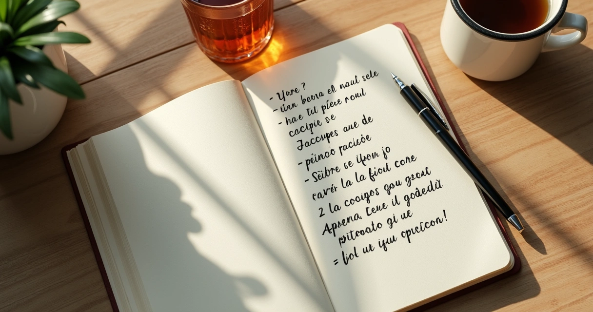 Cuaderno con frases de autocompasión y una taza de té 