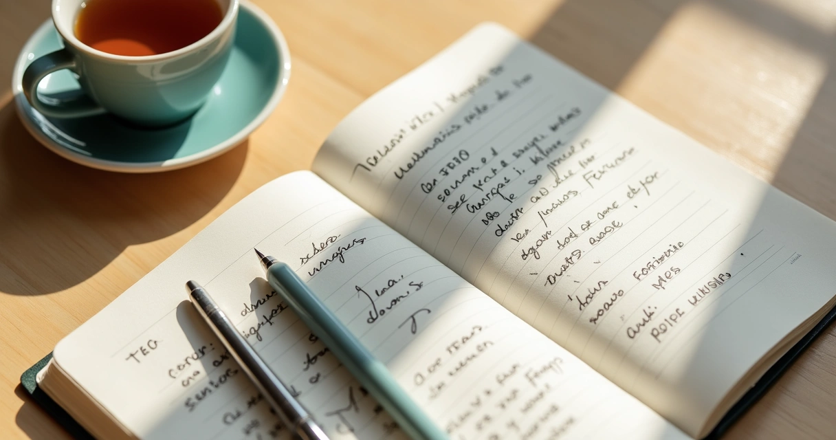 Cuaderno abierto con notas de autoobservación y una taza sobre una mesa clara