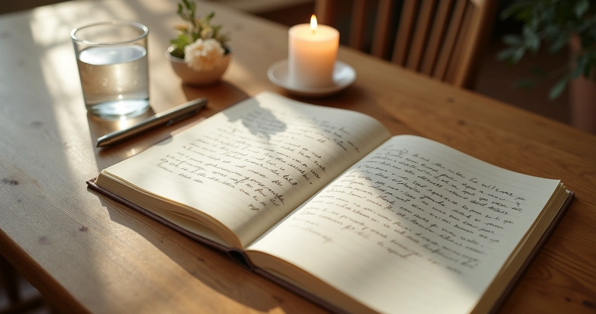 Cuaderno con carta de despedida y vela encendida en una mesa de madera 