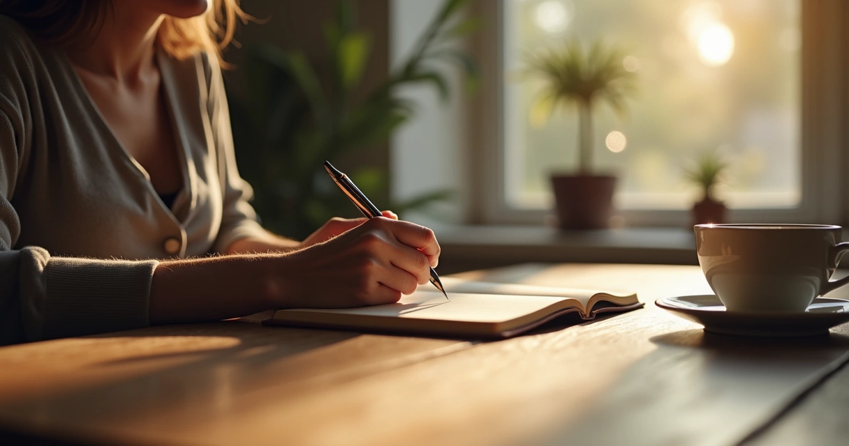 Persona escribiendo en un cuaderno en una mesa de madera, taza de té a un lado