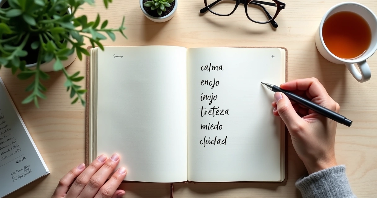 Cuaderno con emociones escritas y taza sobre mesa clara