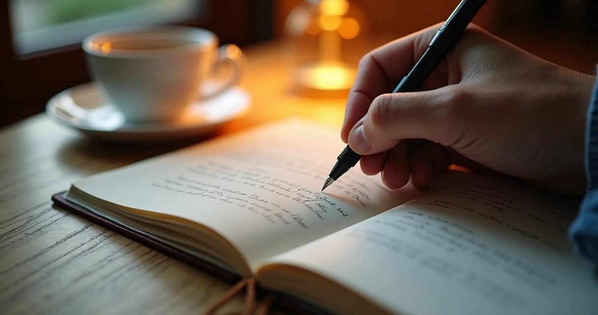 Cuaderno abierto con una mano escribiendo en silencio