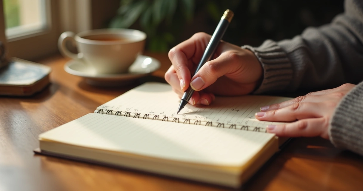 Mano escribiendo en diario sobre emociones 