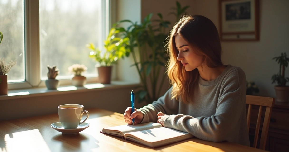 Mujer escribiendo en un diario en una mesa de madera, bolígrafo en mano