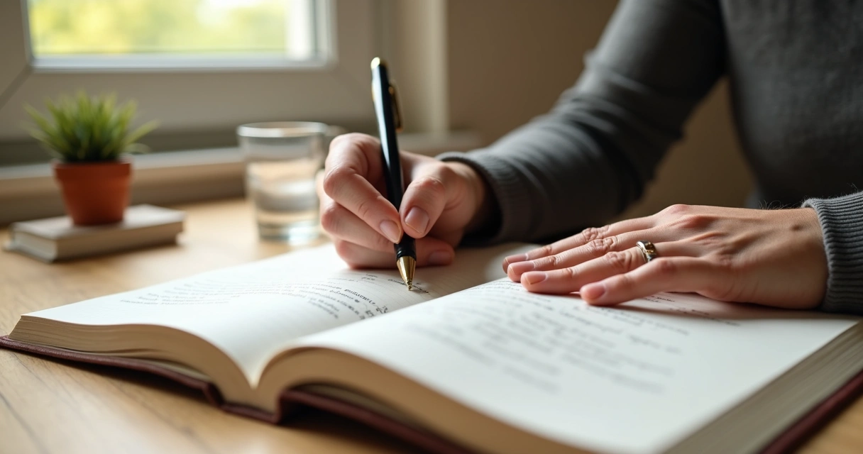 Mano escribiendo en un diario de reflexión personal