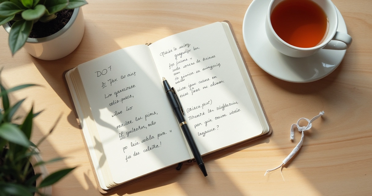 Cuaderno abierto con notas emocionales y taza sobre mesa clara
