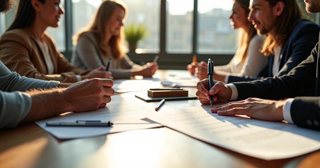 Assinatura de escritura de imóvel por compradores e vendedor 