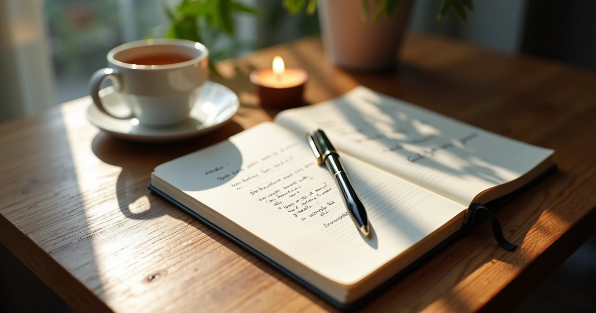 Cuaderno abierto con pluma y taza en espacio de reflexión 