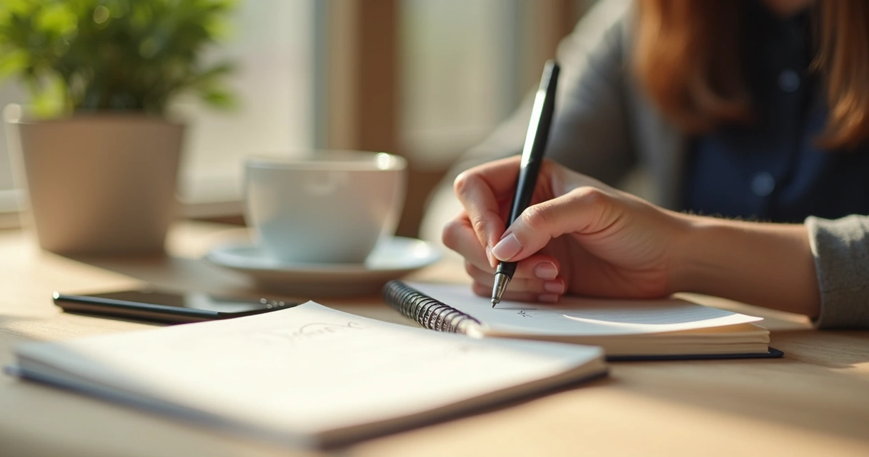 Mano escribiendo pensamientos en un cuaderno con bolígrafo sobre una mesa de madera clara