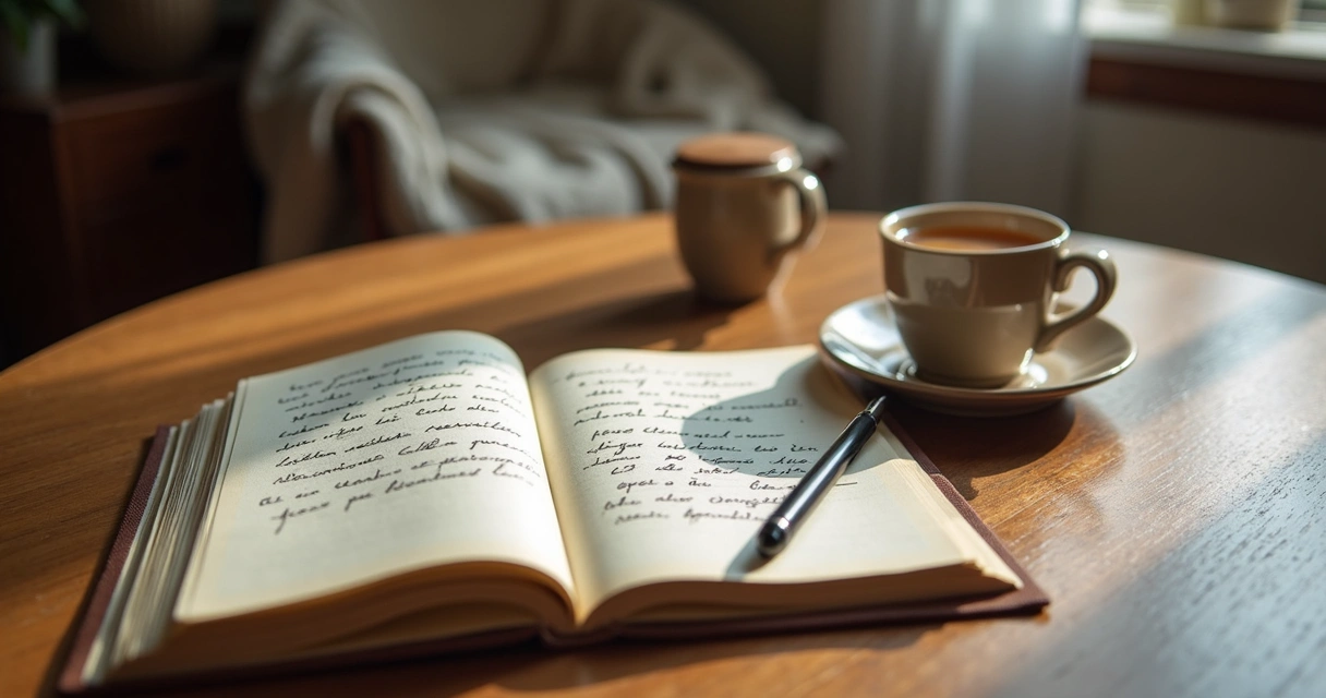 Cuaderno abierto con escritura emocional y taza de té junto a una ventana