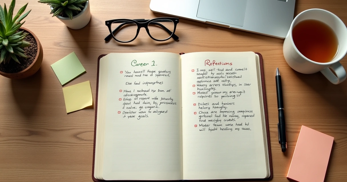 Cuaderno con notas de metas laborales junto a un portátil 