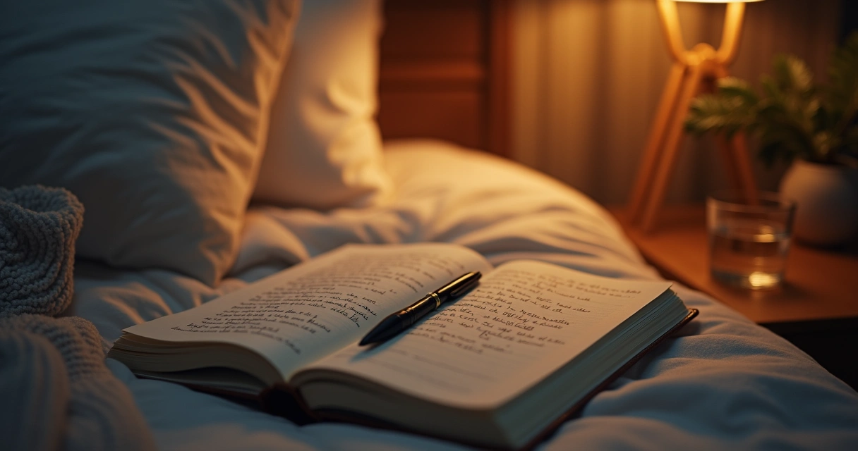 Cuaderno abierto con reflexión nocturna y luz tenue 