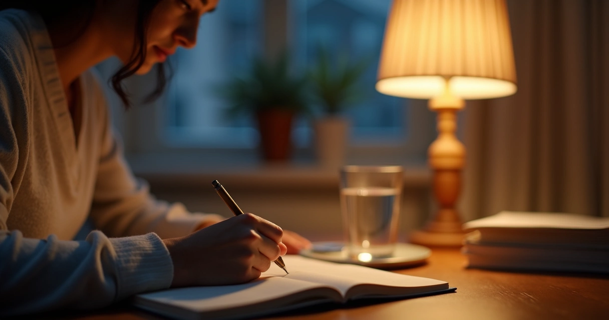 Persona escribiendo notas breves en un diario nocturno 