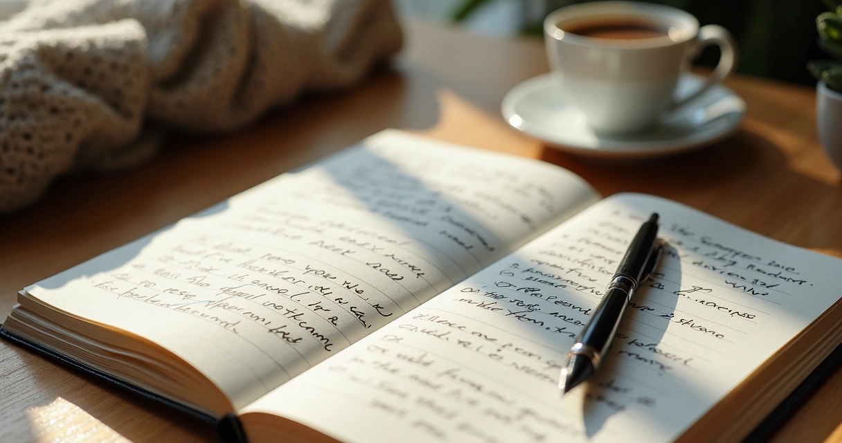 Cuaderno abierto con notas personales junto a una taza de café